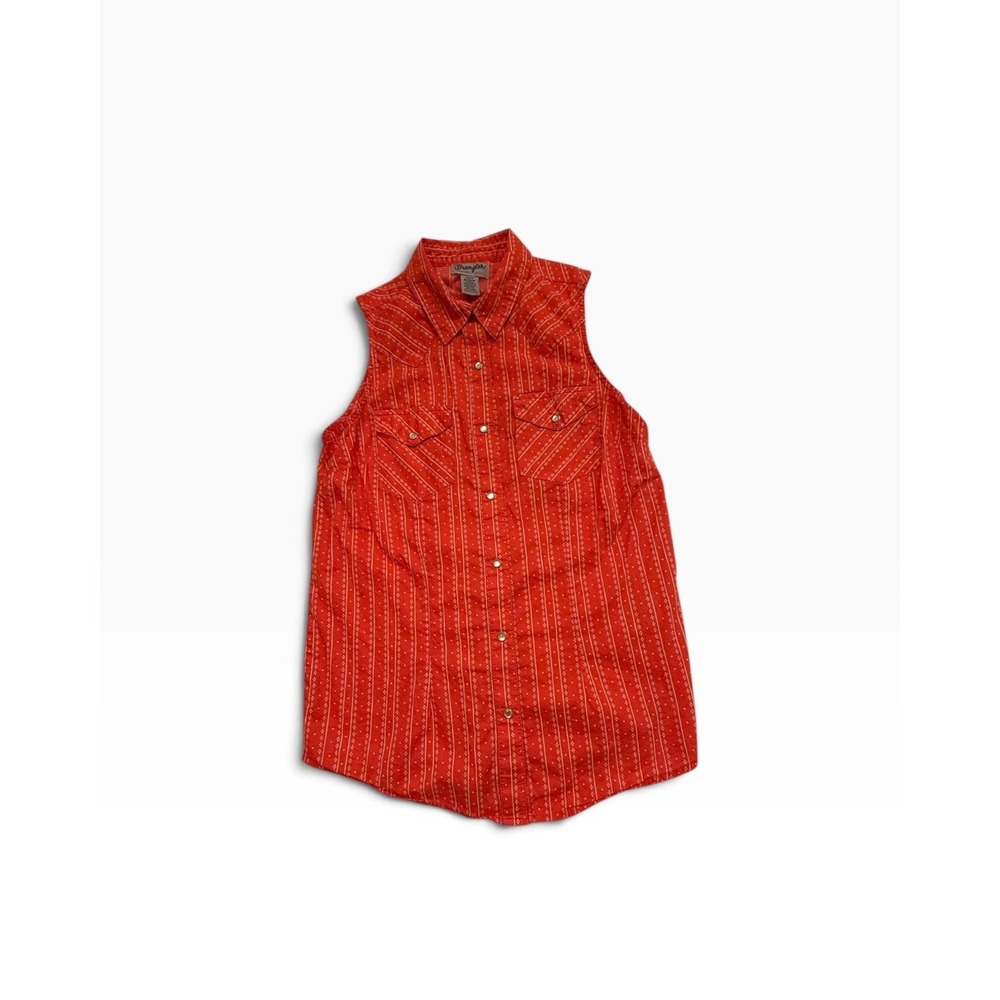 Wrangler Sleeveless Western Shirt Womens L Red Geometric Stripe Pearl Snap Yoke
